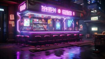 generativ ai, cyberpunk stil bar eller Kafé. natt scen av stor stad, trogen nostalgisk 80-tal, 90-tal. neon lampor vibrerande färger, fotorealistisk horisontell illustration. foto