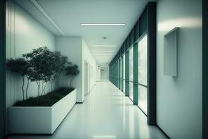 sjukhus eller klinik korridor väntar område interiör, minimalistisk och rena. generativ ai foto