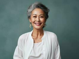Lycklig och leende attraktiv skönhet asiatisk senior kvinna, isolerat på enkel bakgrund studio porträtt,ai genererad foto