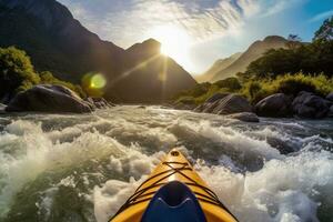 extrem Kajakpaddling ner de vild flod i bergen på solnedgång, pov. generativ ai foto