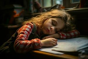 sovande liten flicka trött av håller på med läxa på skrivbord. generera ai foto