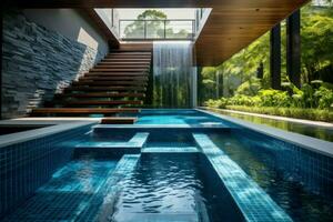 modern simning slå samman med trappa och vattenfall. generera ai foto