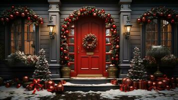generativ ai, främre dörr med jul dekoration, krans och krans. röd och grå färger foto
