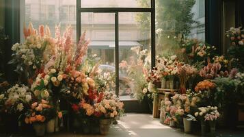 generativ ai, gata blommig affär med färgrik blommor, estetisk dämpad färger foto