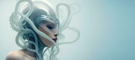 generativ ai, kvinna i plast blå bläckfisk tycka om mask, hög tech futurism, minimalistisk skönhet foto