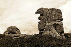 skulpterad sten sepia huvud formad granit sten i trebeurden, Bretagne, Frankrike foto