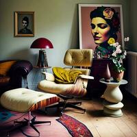 retro mysighet kitsch stil levande rum i pastell färger generativ ai foto