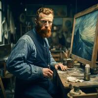 modern porträtt av vincent skåpbil gogh i hans konstnär studio generativ ai foto