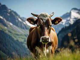 ai genererad landskap majestätisk ko betning i de alp bergen foto