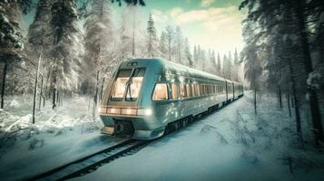 trogen tåg resa genom frysta skog generativ ai foto