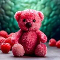 en charmig teddy Björn tillverkad från saftig hallon generativ ai foto