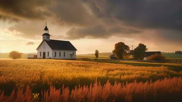 en vit trä- amerikan protestant kyrka i de fält generativ ai foto