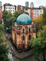 exteriör se av en tysk synagoga i de stil av fasanenstrasse synagoga berlin generativ ai foto