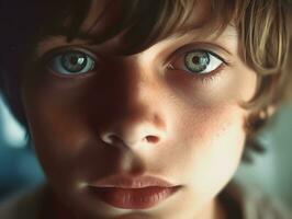 förtjusande blick porträtt av en ung pojke med fascinerande ögon generativ ai foto