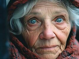 fängslande porträtt av en fantastisk äldre kvinna med vit hår och fascinerande blå ögon. generativ ai. foto