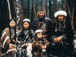 ainu familj i traditionell klänning en generativ ai hyllning foto