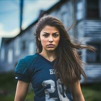 bemyndigad halster porträtt av ett amerikan kvinna fotboll spelare generativ ai foto