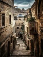 ett tömma gränd i de gammal stad av jerusalem generativ ai foto