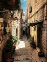 ett tömma gränd i de gammal stad av jerusalem generativ ai foto
