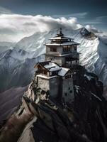majestätisk tempel atop snötäckt berg - generativ ai foto