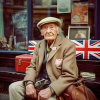 äldre brittiskt herre med union domkraft flagga, generativ ai foto