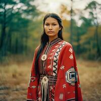 ai-genererad porträtt av norr amerikan inföding kvinna i traditionell klädsel foto
