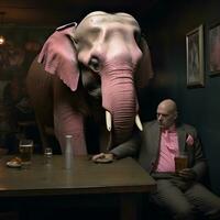 okonventionell stöta på full man delning en dryck med en rosa elefant i en bar - generativ ai konst foto