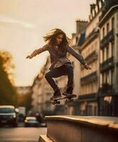 ung kvinna skateboard på de gator av paris, generativ ai foto