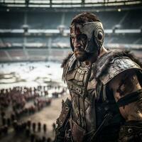 modern viking gladiator på ett amerikan fotboll stadion. generativ ai. foto