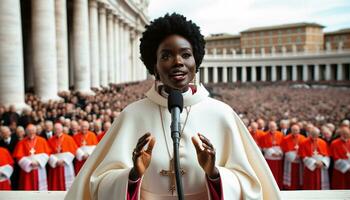 störande feminism svart flicka påve på vatican balkong. generativ ai. foto