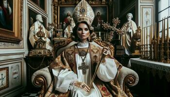historisk ögonblick ung kvinna vald påve i katolik regalier. generativ ai foto
