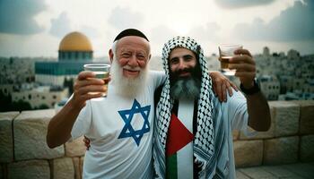 jewish och palestinsk män rostat bröd till fred och enhet. generativ ai. foto