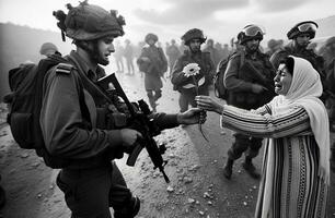 palestinsk kvinna erbjudande fred blomma till israeli soldat. generativ ai. foto