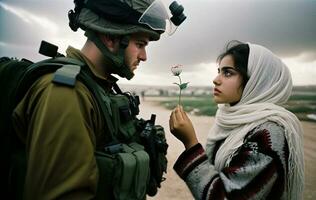 palestinsk kvinna erbjudande fred blomma till israeli soldat. generativ ai. foto