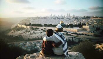 symbol av fred jewish och palestinsk vänner i jerusalem. generativ ai foto