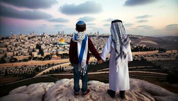 symbol av fred jewish och palestinsk vänner i jerusalem. generativ ai foto