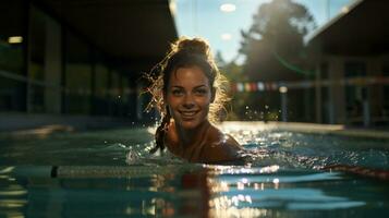 porträtt av en skön ung kvinna simma i en simning slå samman. foto