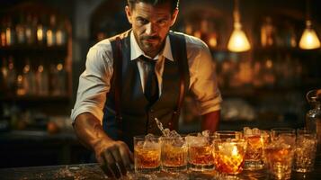 bartender framställning en cocktail på de bar disken i en nattklubb. foto