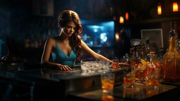 ung kvinna bartender framställning cocktail i natt klubb. nattliv begrepp. foto