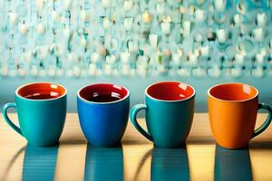 tre färgrik kaffe koppar fodrad upp på en tabell. ai-genererad foto