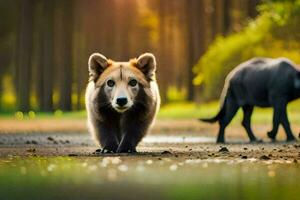 en brun Björn och en små Björn gående i de skogen. ai-genererad foto