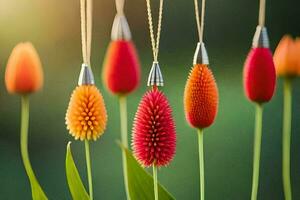 en grupp av färgrik blommor med hängande hängen. ai-genererad foto