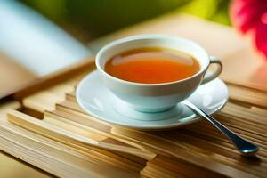 en kopp av te på en trä- bricka. ai-genererad foto