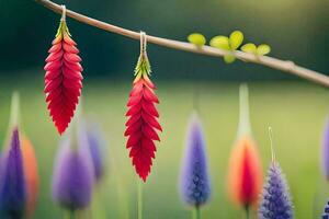 röd blommor hängande från en gren i en fält. ai-genererad foto