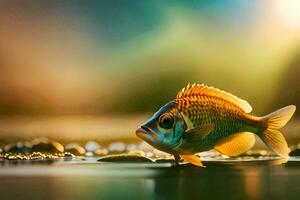 en fisk är stående på de vatten med en ljus Sol. ai-genererad foto