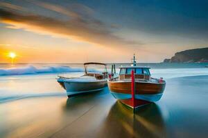 två båtar på de strand på solnedgång. ai-genererad foto