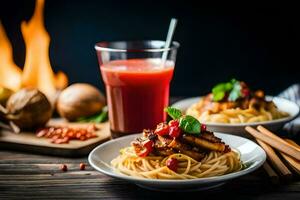 spaghetti med kött och tomat sås på en trä- tabell. ai-genererad foto