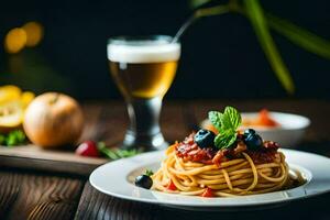 spaghetti med tomat sås och kött på en tallrik. ai-genererad foto