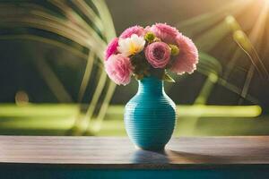 en blå vas med rosa blommor på en tabell. ai-genererad foto