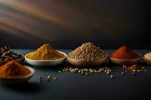 olika kryddor och kryddor i skålar på en mörk bakgrund. ai-genererad foto